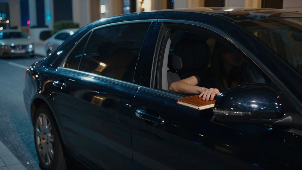 A luxury sedan parked discreetly outside a Dubai hotel, windows tinted, no visible markings.