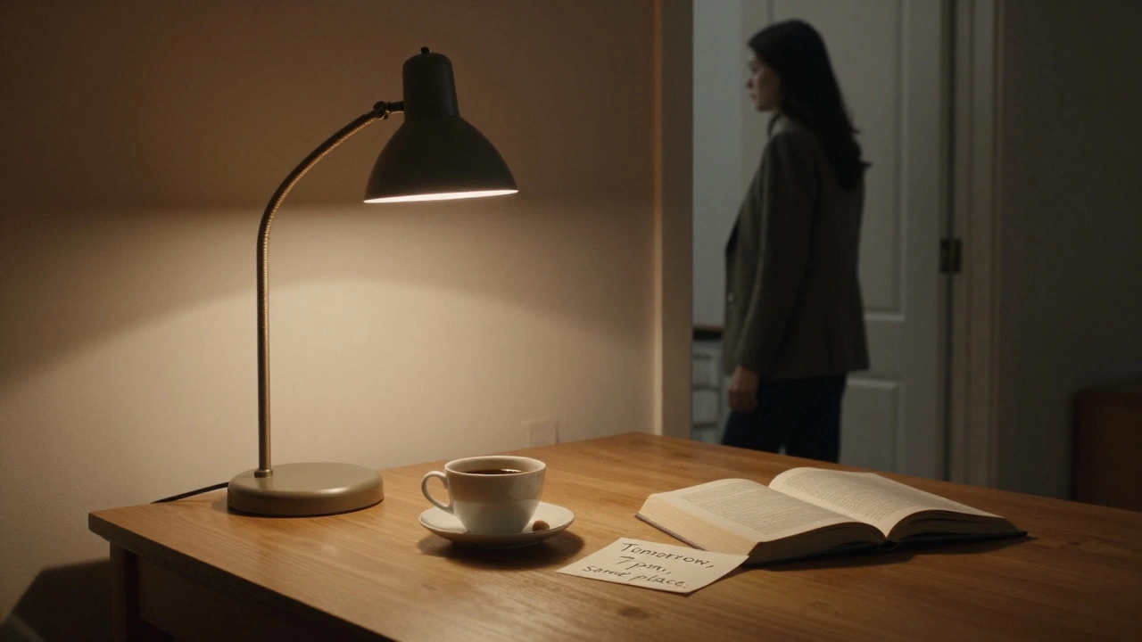 A private study with coffee, a book, and a handwritten note under soft lamplight.