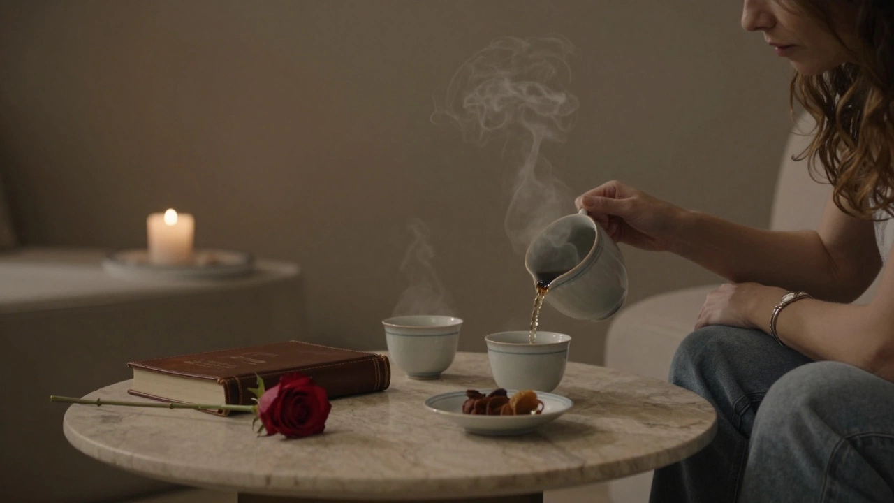 A serene lounge with tea being poured, a book and rose on a marble table, warm candlelight, no faces shown.