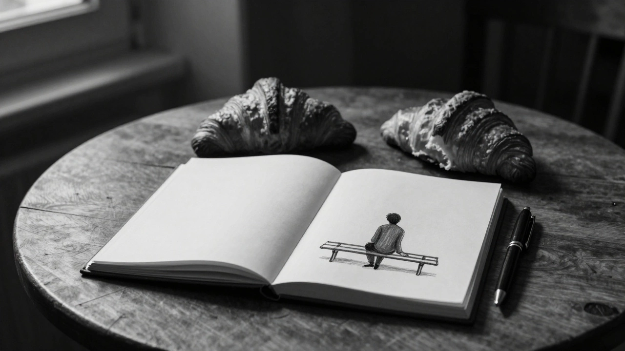 An empty notebook with a sketch and croissant on a table, symbolizing quiet human connection in Paris.