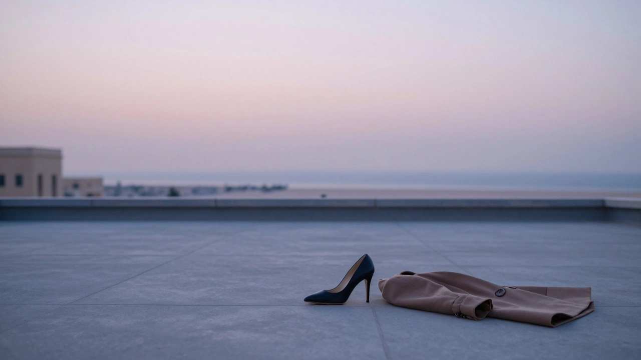 An empty rooftop terrace at dawn in Dubai, a single shoe beside a coat, city waking up in soft pink and blue light.