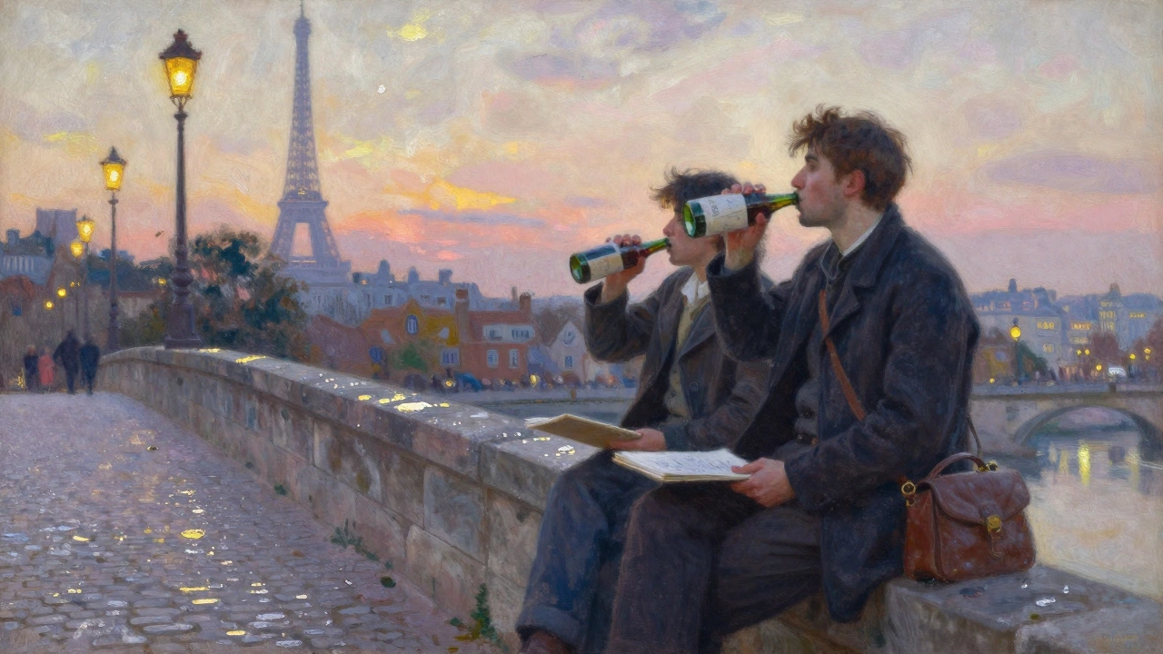 Two people sit on a Parisian bridge at dusk, enjoying wine and the fading light over the city.
